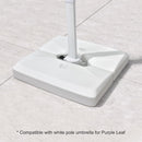 White patio umbrella base compatible with PURPLE LEAF white pole umbrellas. Durable design.