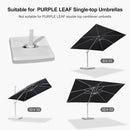PURPLE LEAF patio umbrella base compatible with single-top umbrellas. Shows various sizes and a white base.