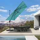 Teal cantilever patio umbrella over outdoor dining set near a pool
