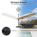 360-degree rotation cantilever patio umbrella providing sun coverage, beige canopy over outdoor dining set