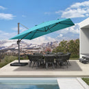Teal cantilever patio umbrella over outdoor dining set near pool, outdoor furniture