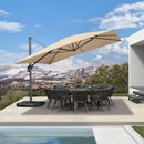 Cantilever patio umbrella over outdoor dining set with pool and mountain views.