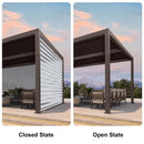 PURPLE LEAF Louvered Pergola with Roller Blinds in closed and open states, showing privacy and shade options.