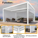 Louvered pergola with retractable roller blinds, reducing UV rays and glare, protecting furniture, and providing privacy.