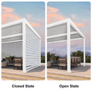 PURPLE LEAF Pergola Roller Blinds: Closed & Open States, white frame, Tesslin fabric, outdoor shade