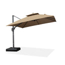 Taupe double-top cantilever patio umbrella with square canopy, aluminum frame, and weighted base.