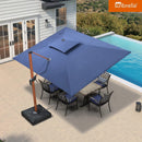 Blue Sunbrella double top cantilever patio umbrella over outdoor dining set
