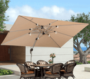 Tan cantilever umbrella shading outdoor dining area