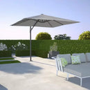 PURPLE LEAF cantilever patio umbrella, gray canopy, black pole, and patio furniture creating a comfortable outdoor space