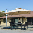 Square cantilever patio umbrella with outdoor dining set, beige shade, providing patio shade solutions