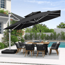 Black square cantilever patio umbrella with outdoor dining set, offering shade and comfortable outdoor living