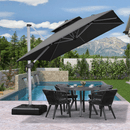 Gray double-top cantilever patio umbrella over outdoor dining set near pool
