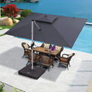 Cantilever patio umbrella with outdoor dining set, offering shade over a patio dining area