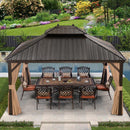 Bronze hardtop gazebo with curtains, outdoor dining set, and pool view. Patio shade for outdoor relaxation and dining.