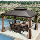 Bronze hardtop gazebo with curtains, outdoor dining set, patio shade solution.