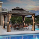 Bronze hardtop gazebo with curtains, outdoor dining set, and pool view. Patio shade for outdoor relaxation.
