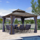 PURPLE LEAF hardtop gazebo with navy curtains, outdoor dining set near pool, patio shade solution