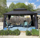 Bronze hardtop gazebo with navy curtains and outdoor dining set, patio shade solution.