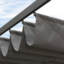 Gray retractable pergola canopy fabric detail. Durable, UV-resistant polyester for outdoor shade.