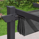 Retractable pergola canopy detail, dark gray polyester fabric for patio shade solutions.