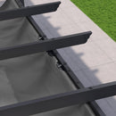 Dark gray PURPLE LEAF retractable pergola canopy fabric detail. Durable, UV-resistant polyester for deck shade.