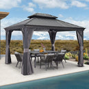 Grey hardtop gazebo with curtains, table, chairs and pool, patio shade solution