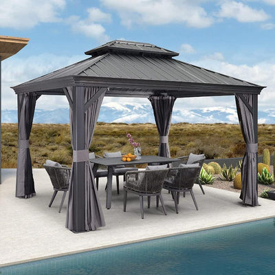 Grey hardtop gazebo with curtains, table, chairs and pool, patio shade solution