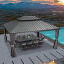 Grey hardtop gazebo with dining set and pool, patio shade solution