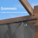Grommets on gray pergola curtains, easily moved and hung. Provides privacy and UV protection.