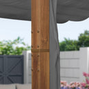 Wooden Pergola post with grey curtains, outdoor privacy solution. Polyester curtains and pergola for patio shade.