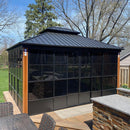 Wood grain sunroom gazebo with black steel frame, sliding doors, and PC screen, an outdoor patio shade solution.