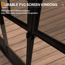 Durable PVC screen window with high transparency in a wood grain gazebo, allowing enjoyment of outdoor scenery.
