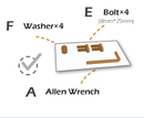 Replacement umbrella screw package components: bolts, washers, and Allen wrench, with size details and a checkmark symbol