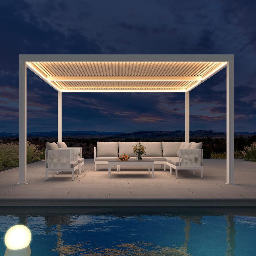 Louvered Pergola Lighting Plans for Dining, Lounging, and Pathways