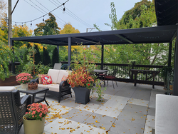 Cozy patio with pergola, string lights, seating, and plants.