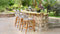 Elegant outdoor stone bar with wooden countertop featuring three woven back bar stools and a decorative flower pot, set in a lush garden patio