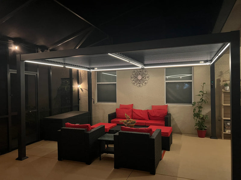 PURPLE LEAF Athena Louvered Pergola Grey Outdoor Aluminum Pergola with Strip Lights Adjustable Gazebo for Patio Deck Garden