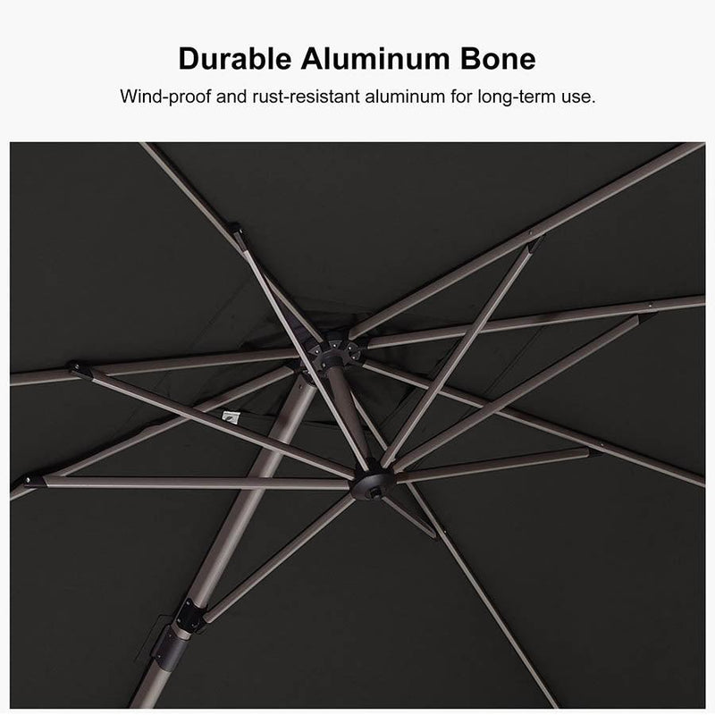 PURPLE LEAF Deluxe Aluminum Outdoor Patio Umbrella Powder-coated all-aluminum champagne-colored umbrella bone and 8 heavy-duty ribs with oxidation-resistant paint for long life.