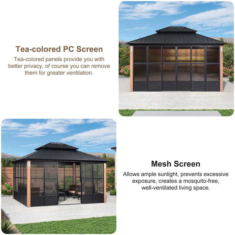 PURPLE LEAF Sunroom Hardtop Gazebo Solarium Wood Grain  Galvanized Steel Double Roof All-Weather Aluminum Outdoor Screen House
