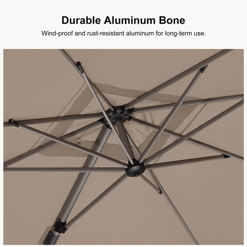 PURPLE LEAF Deluxe Aluminum Outdoor Patio Umbrella Powder-coated all-aluminum champagne-colored umbrella bone and 8 heavy-duty ribs with oxidation-resistant paint for long life.