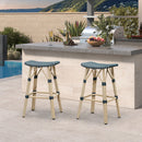 PURPLE LEAF Outdoor Bar Stools Set of 2 Backless Rattan Barstools with Saddle Seat and Footrest All Weather Aluminum Bar Chairs for Patio Kitchen Island Pool Balcony