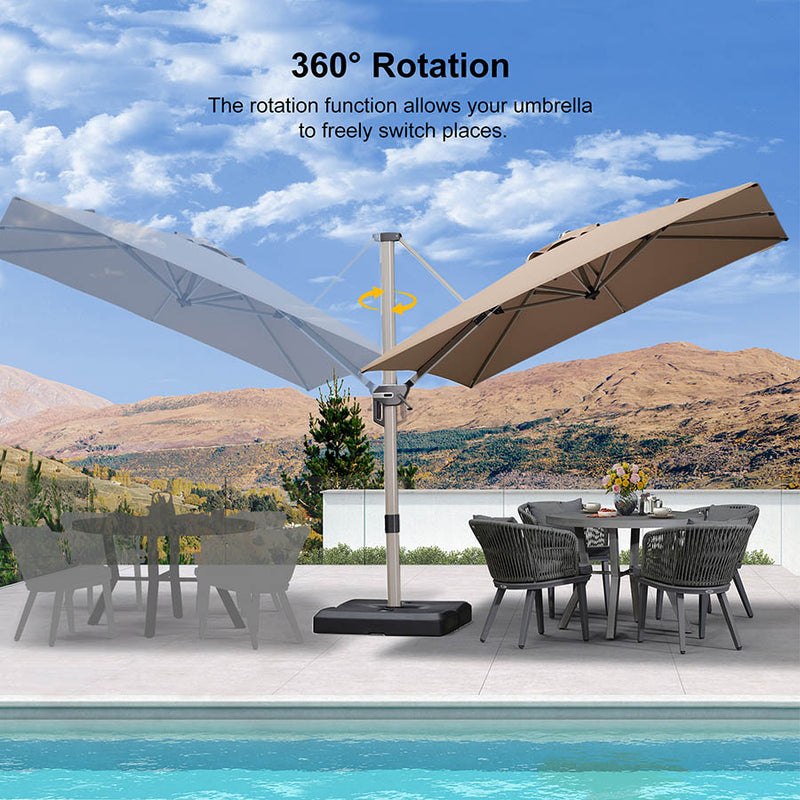 PURPLE LEAF Deluxe Aluminum Outdoor Patio Umbrella Multifunctional Adjustment: The patio umbrella can be easily rotated 360° horizontally with the foot pedal design. With the aluminum handle and 5 height-adjustable tilt operating system, you can easily change the height and angle of the canopy to provide more protection from the sun.