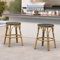 PURPLE LEAF Patio French Round Counter Stool Set of 2 Rattan Backless Stackable Barstools Aluminum Frame Footrest with Woven Wicker for Outdoor Kitchen Yard