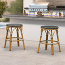 PURPLE LEAF Patio French Round Counter Stool Set of 2 Rattan Backless Stackable Barstools Aluminum Frame Footrest with Woven Wicker for Outdoor Kitchen Yard