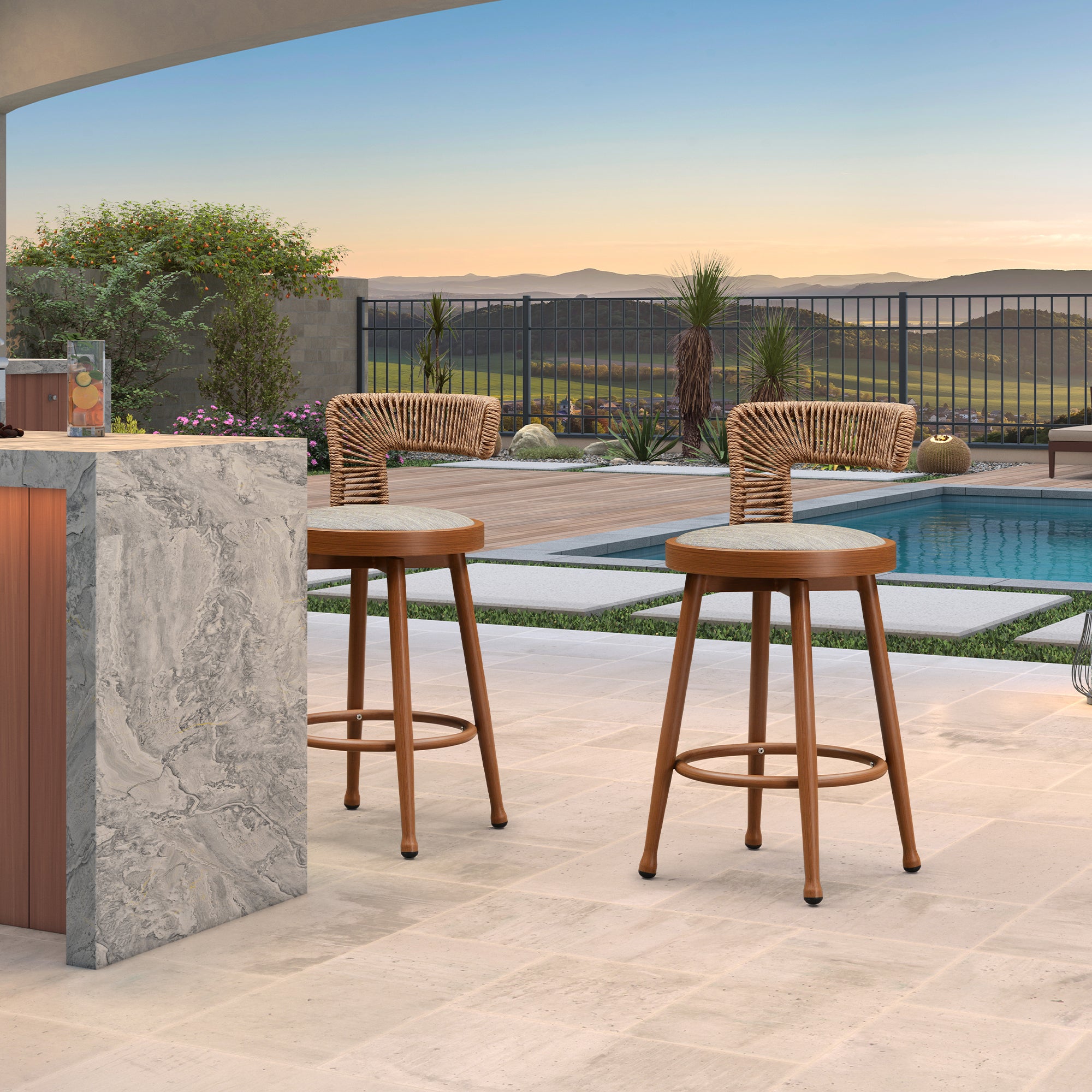 PURPLE LEAF Outdoor Swivel Bar Stools Set of 2 Metal Modern Rattan Bar