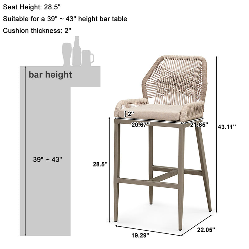 PURPLE LEAF Outdoor Bar Stool Set of 2,  Wicker Rattan Bar stools with Back Aluminum Outside Garden Patio Bar Chairs