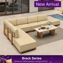 PURPLE LEAF Breck L-Shaped with table Modular Outdoor Sectional with Wood-Grain Aluminum Frame and Thick Teak-Colored Cushions for Luxury Backyard Lounge