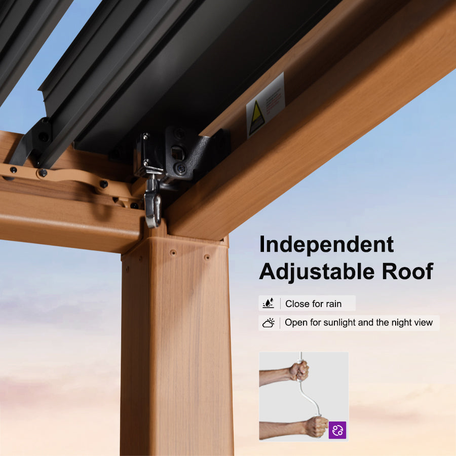 PURPLE LEAF Caesar Louvered Pergola Outdoor Wood Grain Frame Gray Roof