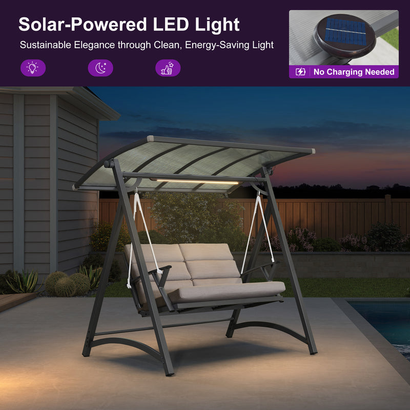 PURPLE LEAF Outdoor Deluxe Modern Swing Chairs with PVC Canopy, Swing for Patio Gadern Porch, Solar LED Light and Cushions Included