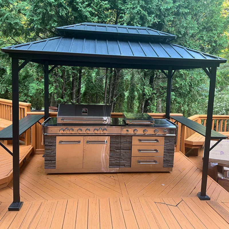 PURPLE LEAF Hardtop Grill Gazebo for Patio Grey Permanent Metal Roof Outside Sun Shade Outdoor BBQ Canopy